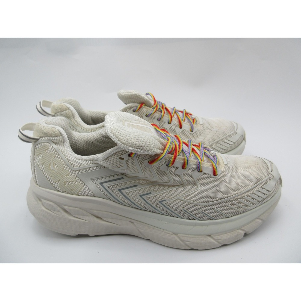 Hoka One One Clifton OV Running Shoes Sneakers Womens Size 9 White Rainbow Laces